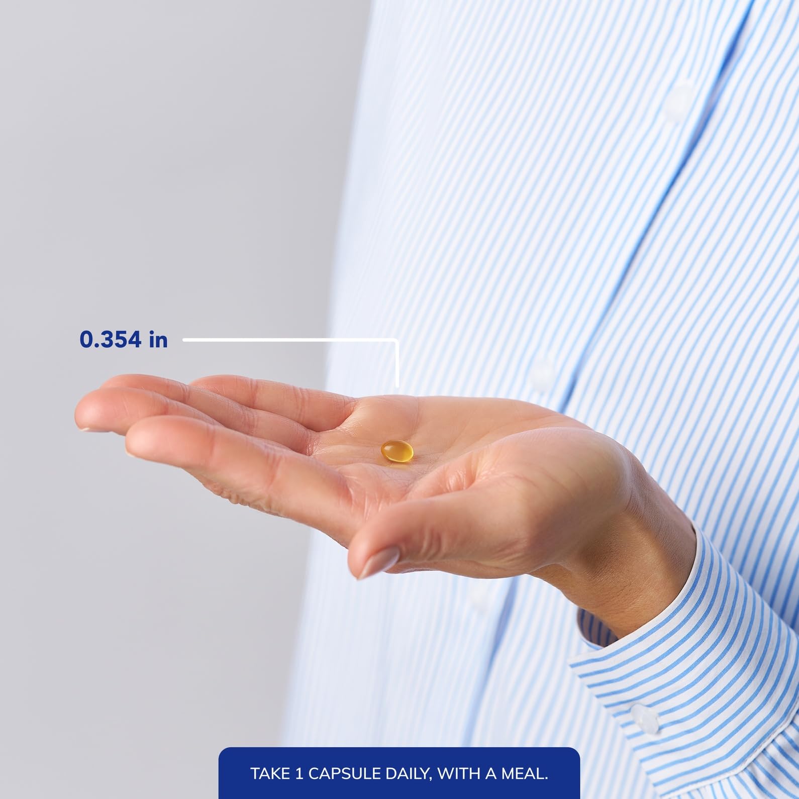 Bottle and capsules imply take with meal guidance for consistent daily use