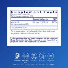 Close-up of Pure Encapsulations Vitamin D3 label showing 1000 IU dosage.