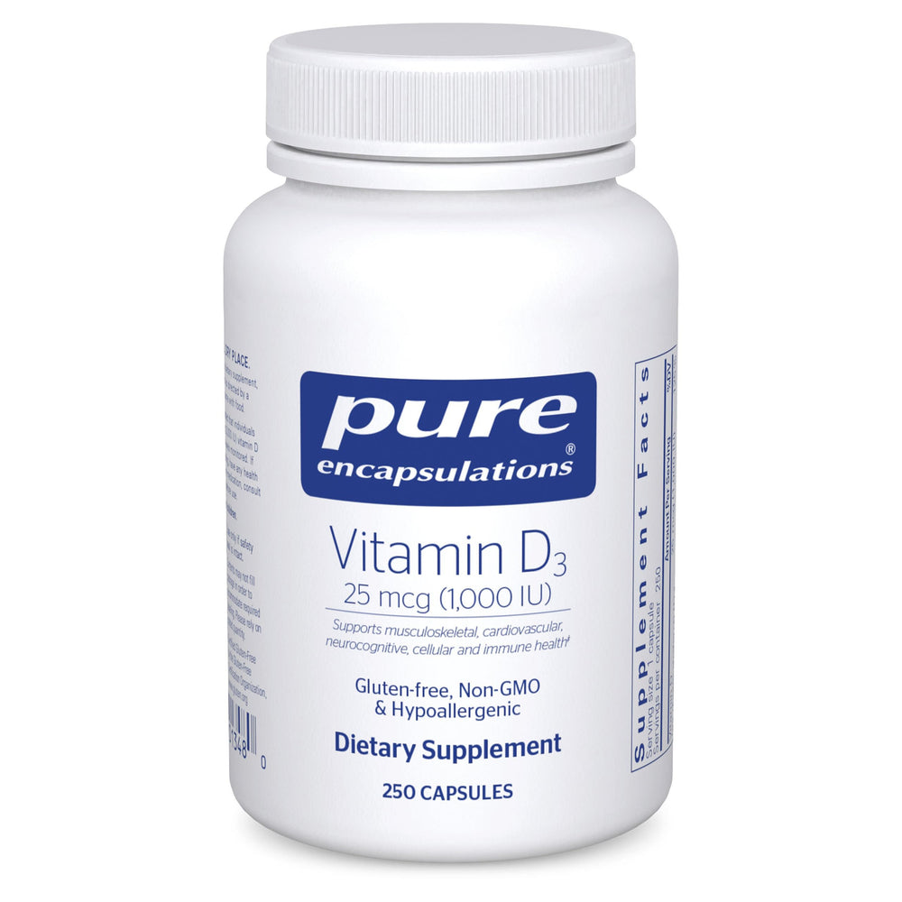 Pure Encapsulations Vitamin D3 bottle pour; supports bone health and immune activity.