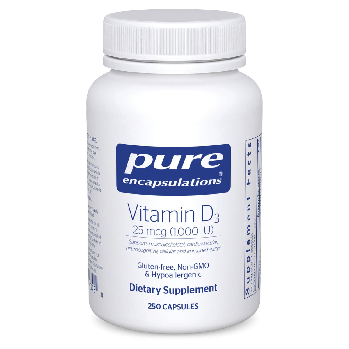 Pure Encapsulations Vitamin D3 bottle pour; supports bone health and immune activity.