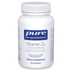 Pure Encapsulations Vitamin D3 bottle pour; supports bone health and immune activity.