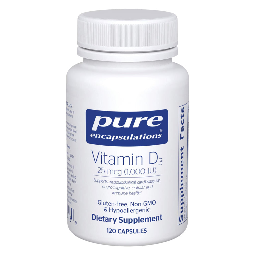 Pure Encapsulations Vitamin D3 1000 IU bottle front for easy daily dosing.