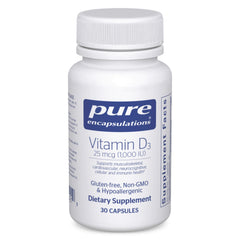 Pure Encapsulations Vitamin D3 1000 IU bottle supports bone and immune health.