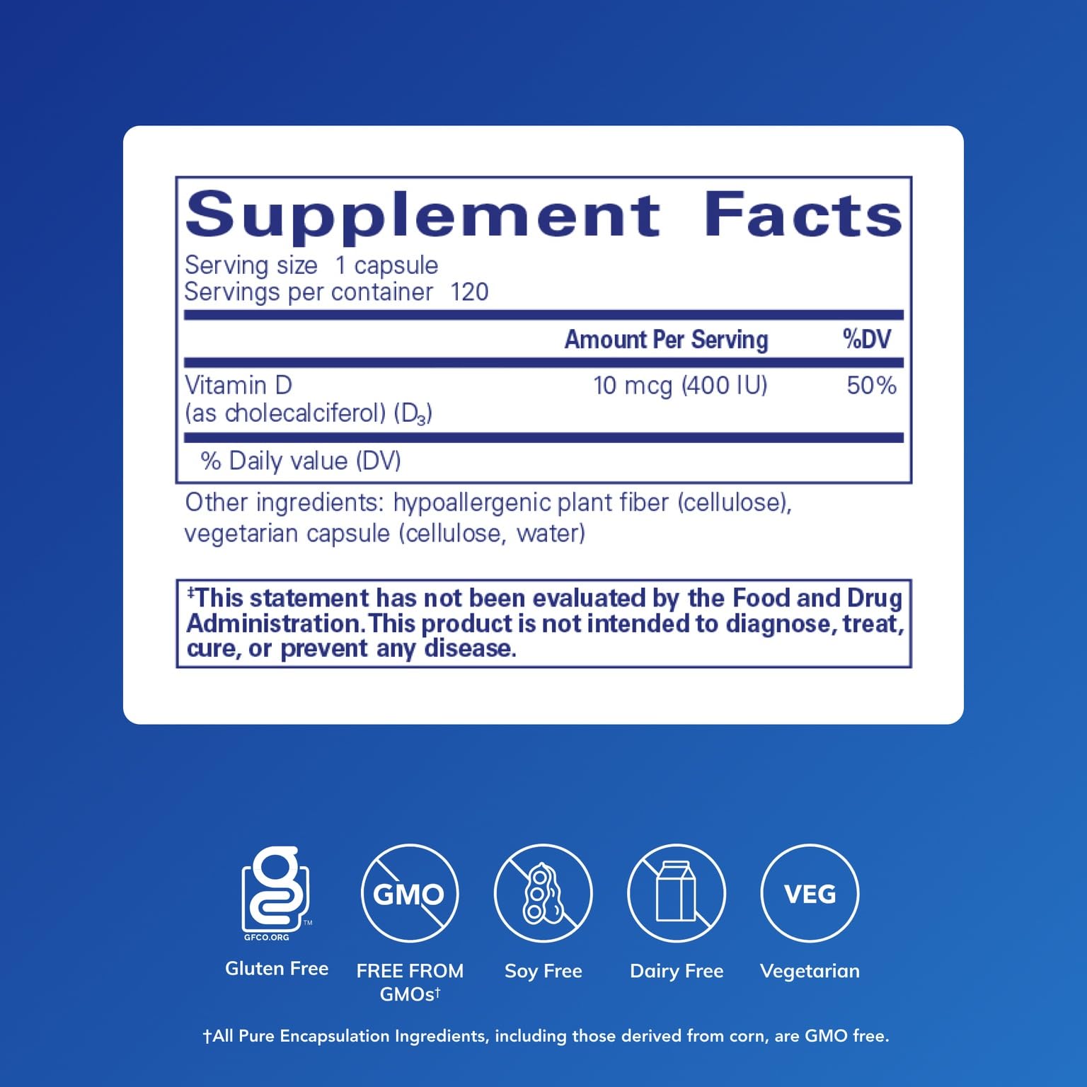 Pure Encapsulations Vitamin D3 bottle label detail highlighting hypoallergenic formula.