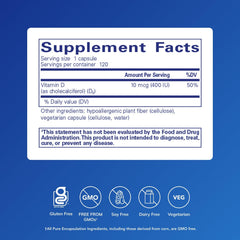 Pure Encapsulations Vitamin D3 bottle label detail highlighting hypoallergenic formula.