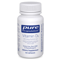 Pure Encapsulations Vitamin D3 125 mcg bottle front supports bone health with clean, trusted formula.