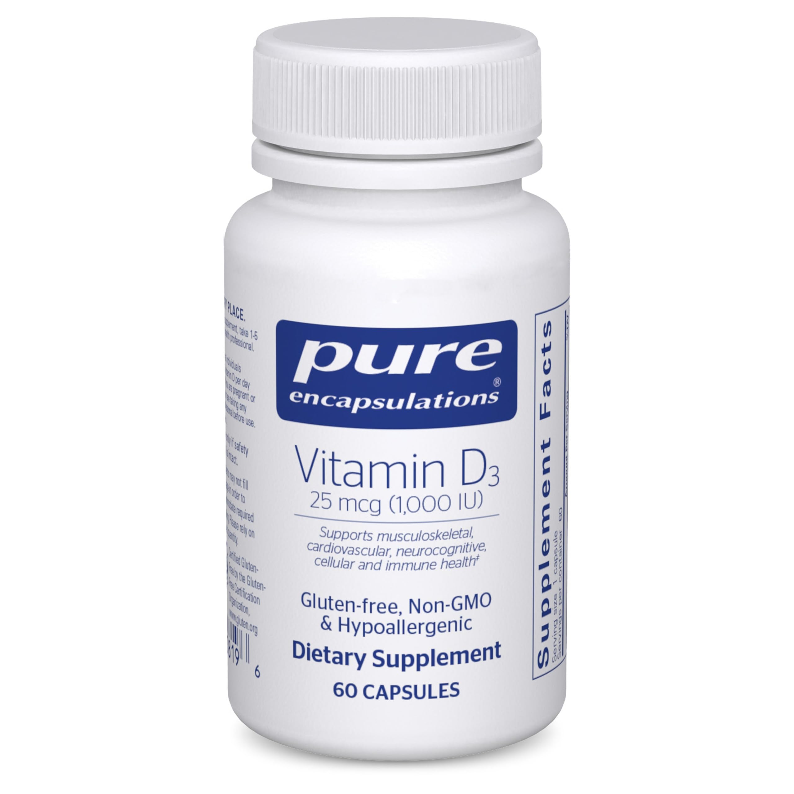 Pure Encapsulations Vitamin D3 bottle showing premium bottle design and dosage details.