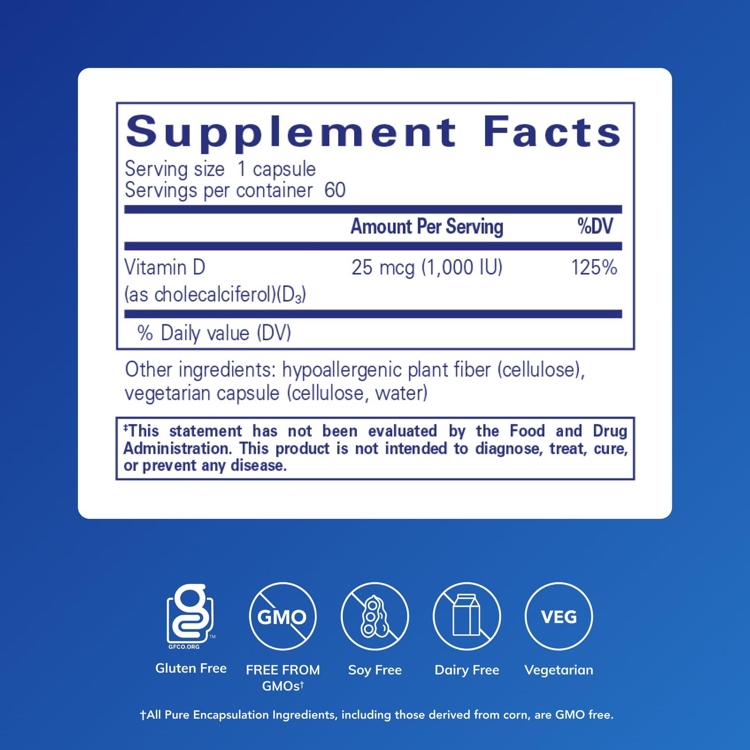 Close-up of Pure Encapsulations Vitamin D3 label highlighting 1,000 IU potency.