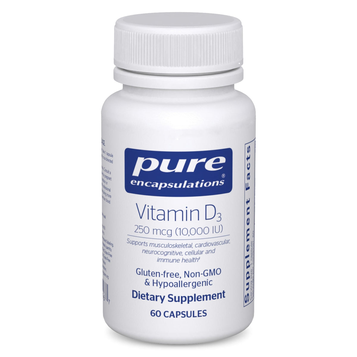 Pure Encapsulations Vitamin D3 bottle close-up, bone and immune health.