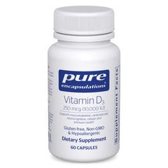 Pure Encapsulations Vitamin D3 bottle close-up, bone and immune health.