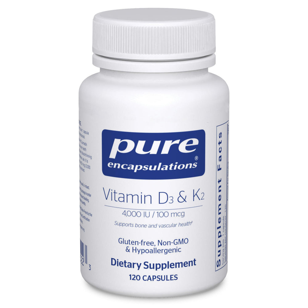 Pure Encapsulations Vitamin D3 & K2 bottle for bone and vascular health support