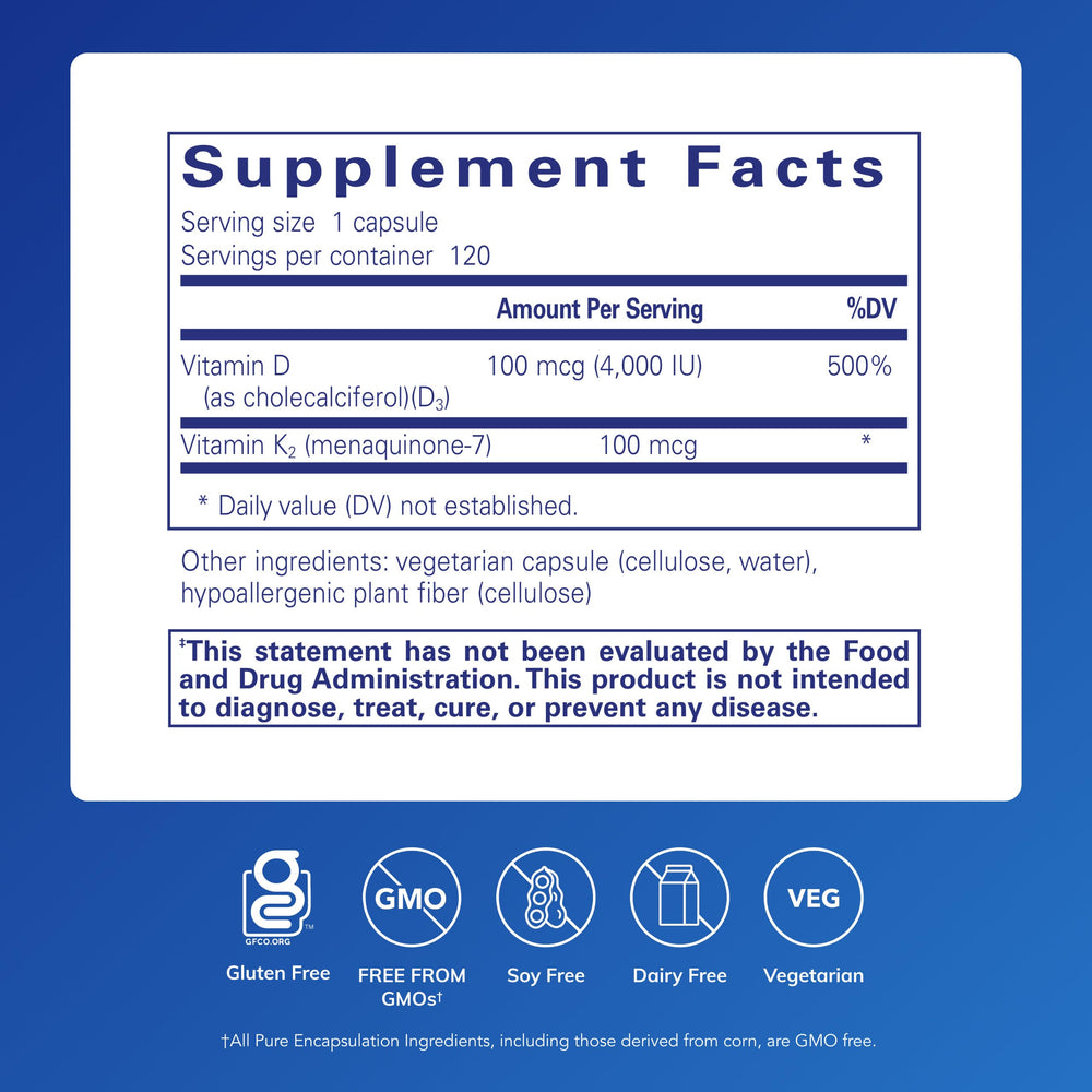 Close-up of the Vitamin D3 & K2 label showing purity and ingredients