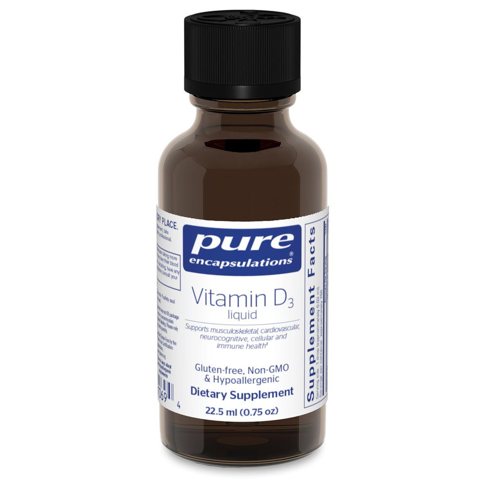 Pure Encapsulations Vitamin D3 Liquid bottle—potentially supports bone health via calcium absorption.