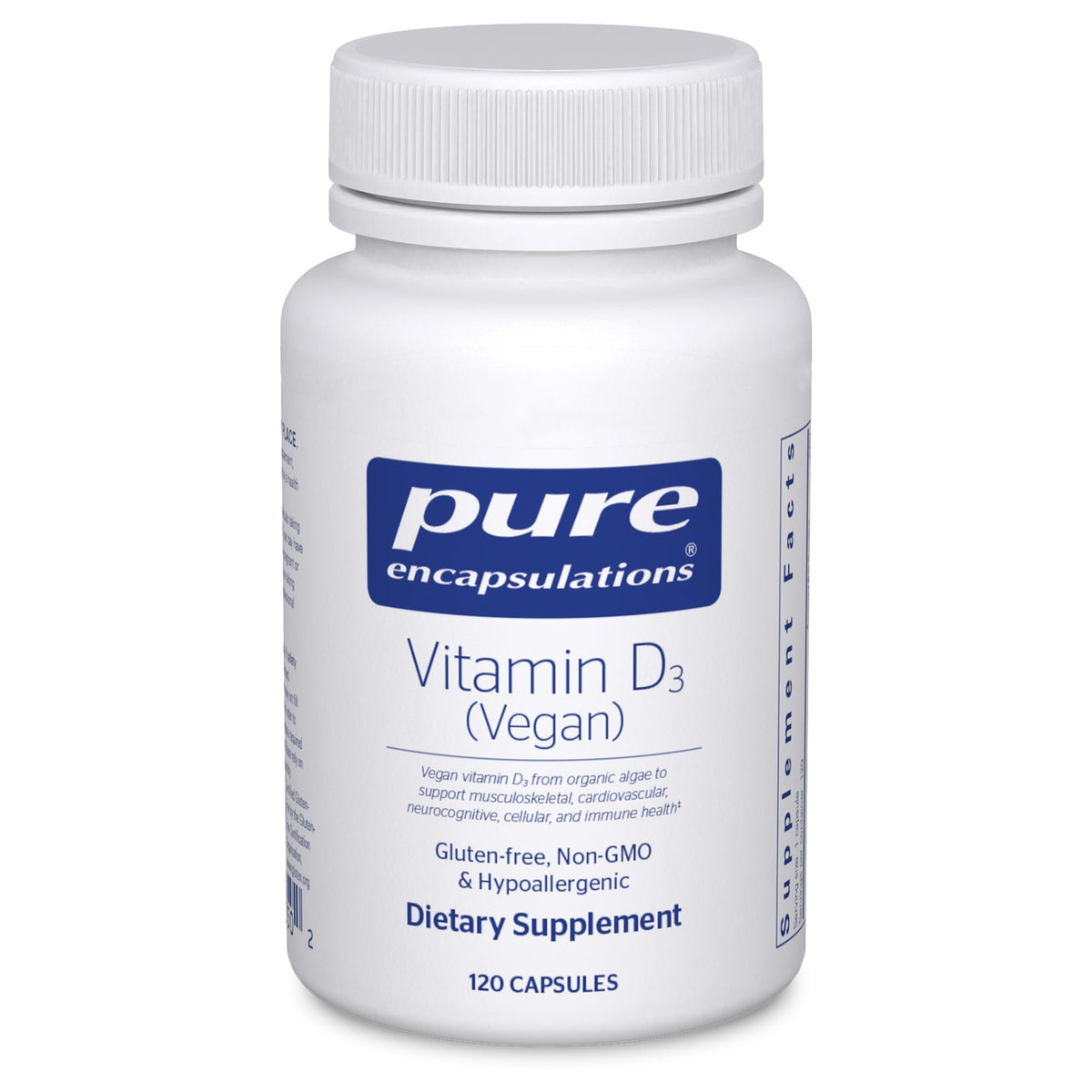 Pure Encapsulations Vitamin D3 Vegan bottle front highlights vegan vitamin D3 for bone support