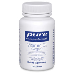 Pure Encapsulations Vitamin D3 Vegan bottle front highlights vegan vitamin D3 for bone support
