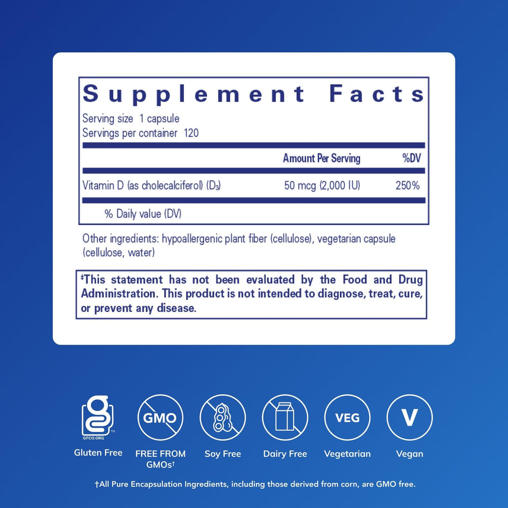 Pure Encapsulations Vitamin D3 Vegan capsules closeup shows premium, allergy-friendly formula