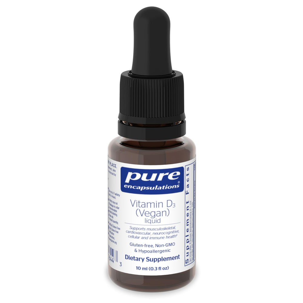Pure Encapsulations Vitamin D3 (Vegan) Liquid bottle highlights plant-based formula for bone and immune support