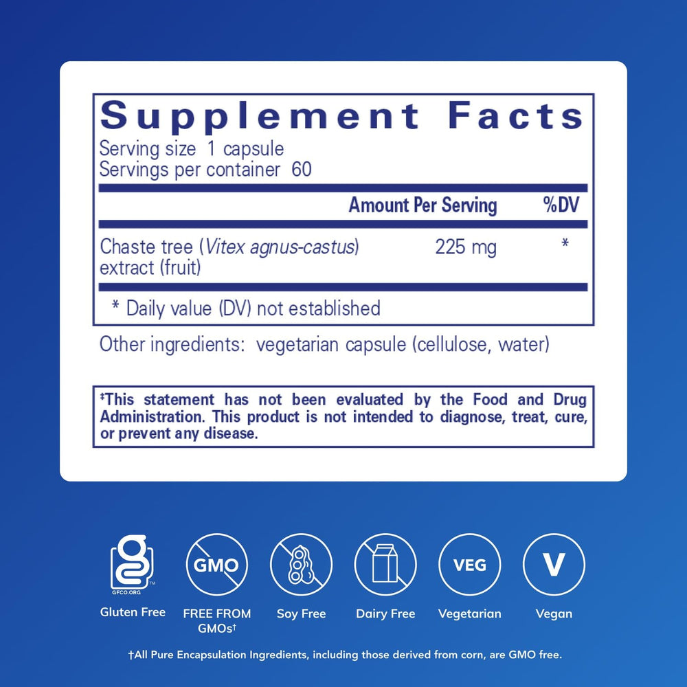 Pure Encapsulations vitex extract bottle highlights 225 mg per serving for hormonal support