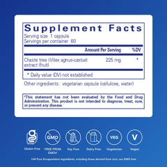 Pure Encapsulations vitex extract bottle highlights 225 mg per serving for hormonal support