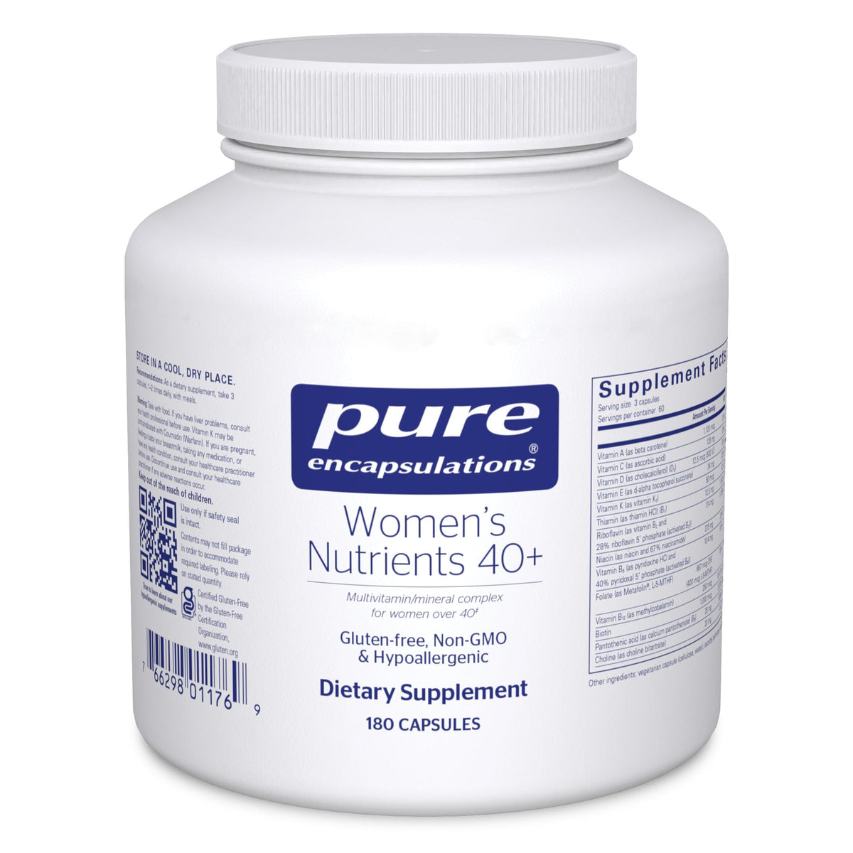 Pure Encapsulations Women's Nutrients 40+ bottle highlights daily urinary health support.