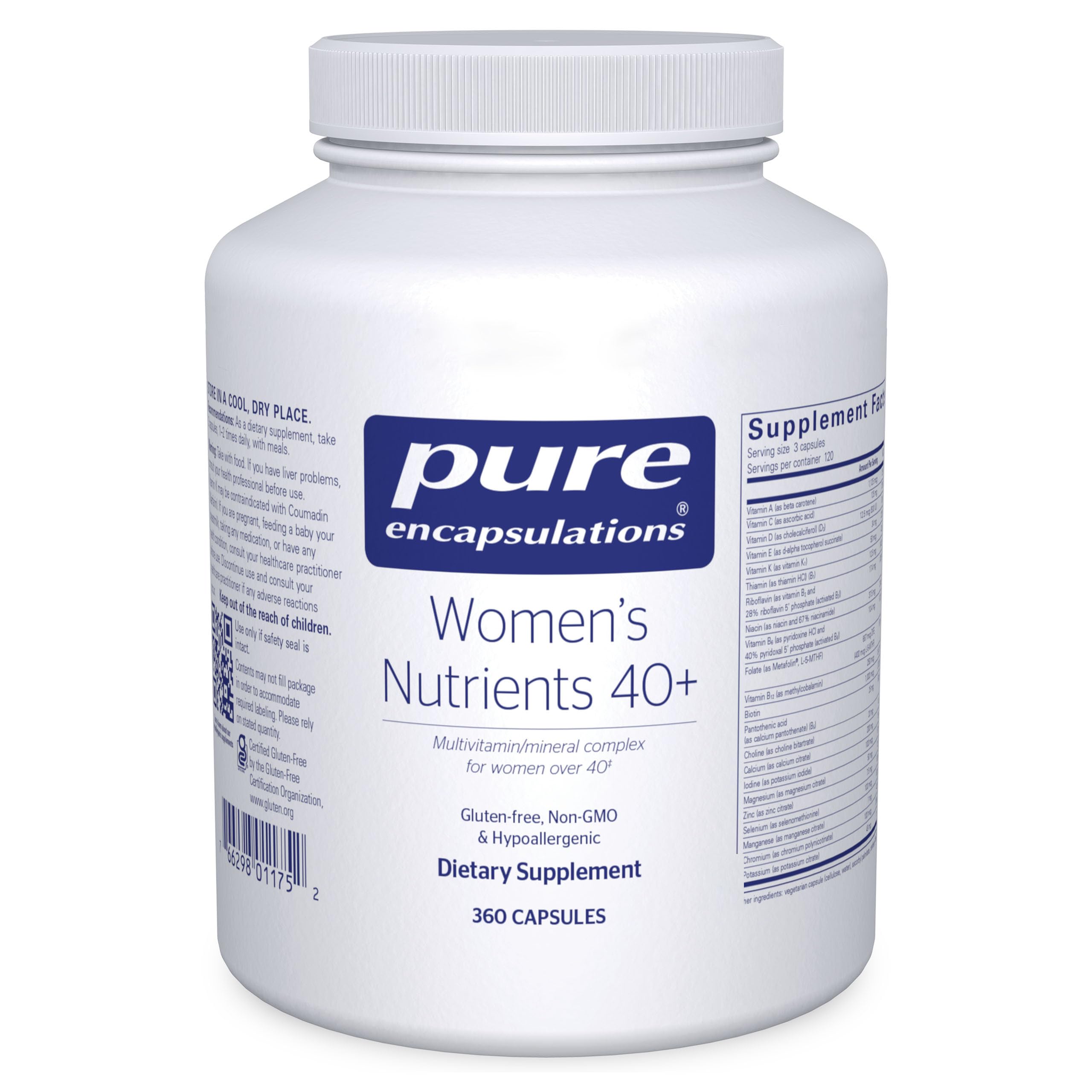 Pure Encapsulations Women's Nutrients 40+ bottle front for daily urinary tract and eye health support.