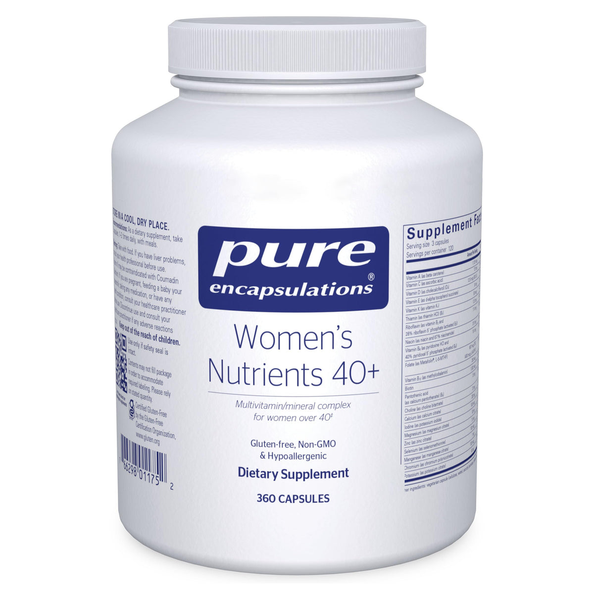 Pure Encapsulations Women's Nutrients 40+ bottle front for daily urinary tract and eye health support.