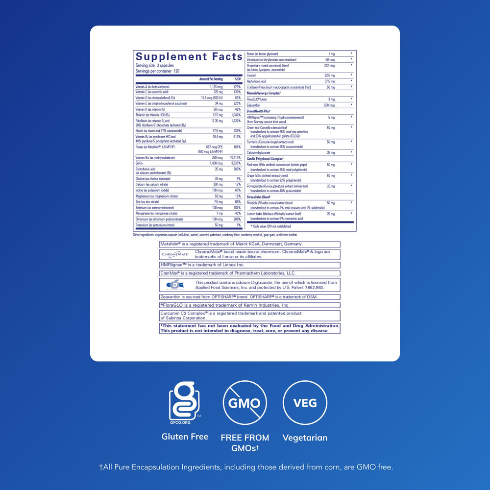 Pure Encapsulations Women's Nutrients 40+ bottle label closeup highlighting allergen-free formula.
