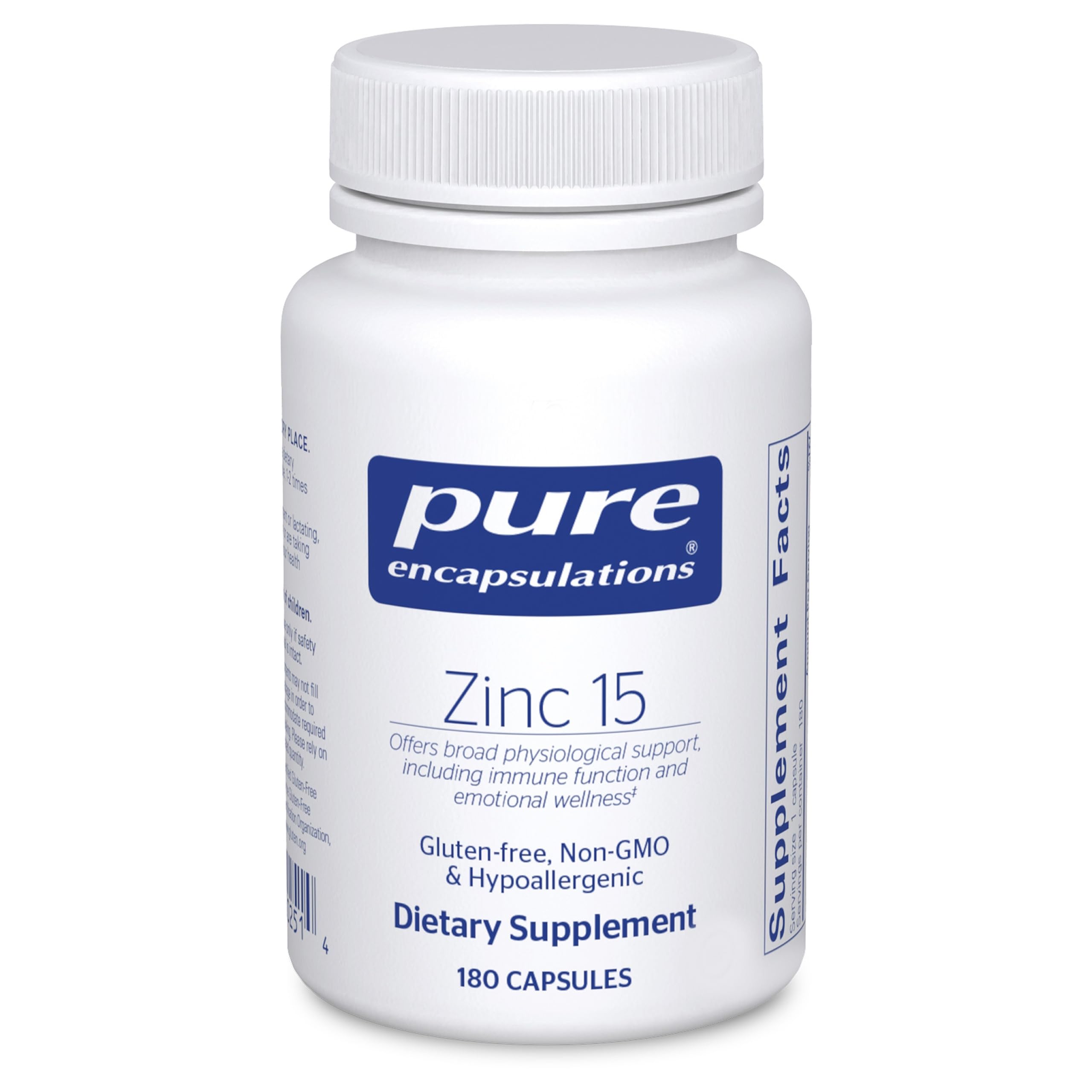Pure Encapsulations Zinc 15 mg bottle close-up for immune support and daily wellness.