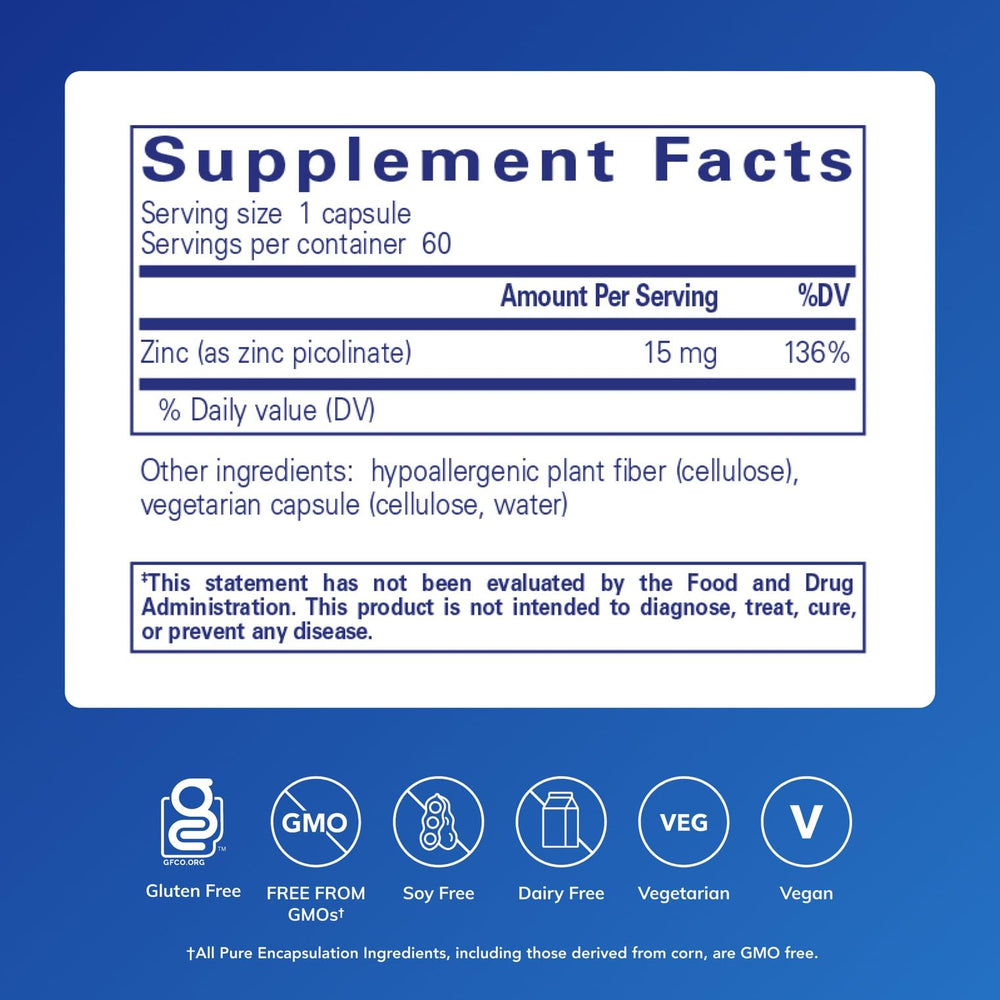 Pure Encapsulations Zinc 15 mg capsules for easy everyday use and wellness.
