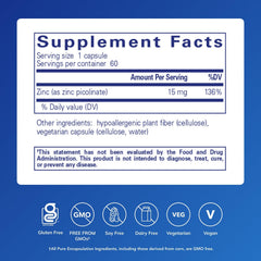 Pure Encapsulations Zinc 15 mg capsules for easy everyday use and wellness.