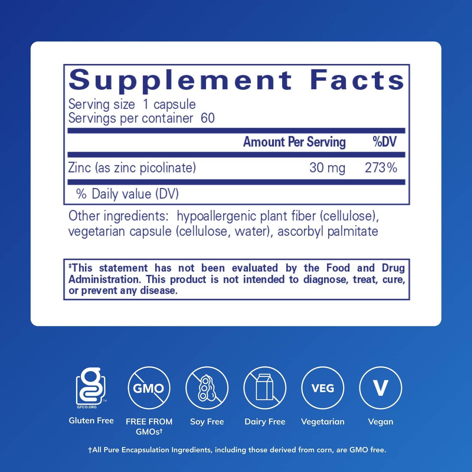 Pure Encapsulations zinc 30 mg capsules on white, highly absorbable zinc picolinate