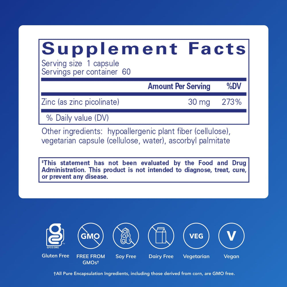 Pure Encapsulations zinc 30 mg capsules on white, highly absorbable zinc picolinate