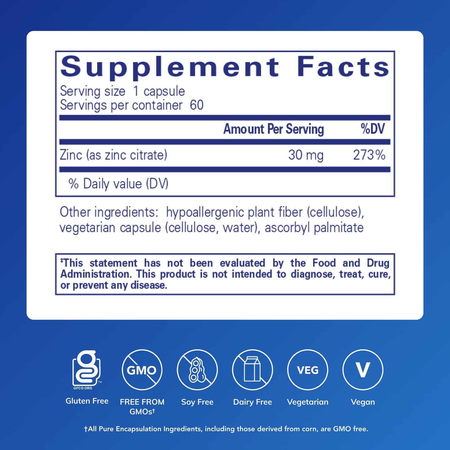Pure Encapsulations Zinc (Citrate) bottle back label, vegan and gluten-free claim.