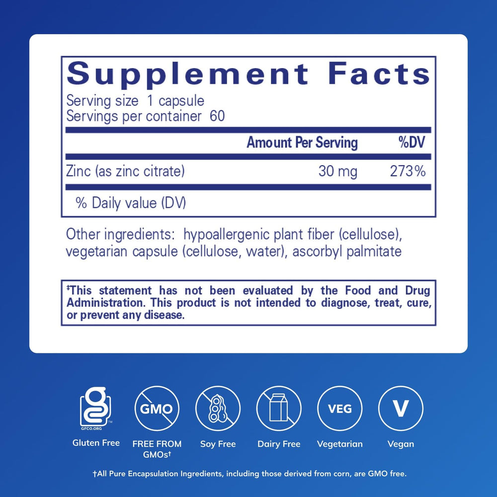 Pure Encapsulations Zinc (Citrate) bottle back label, vegan and gluten-free claim.