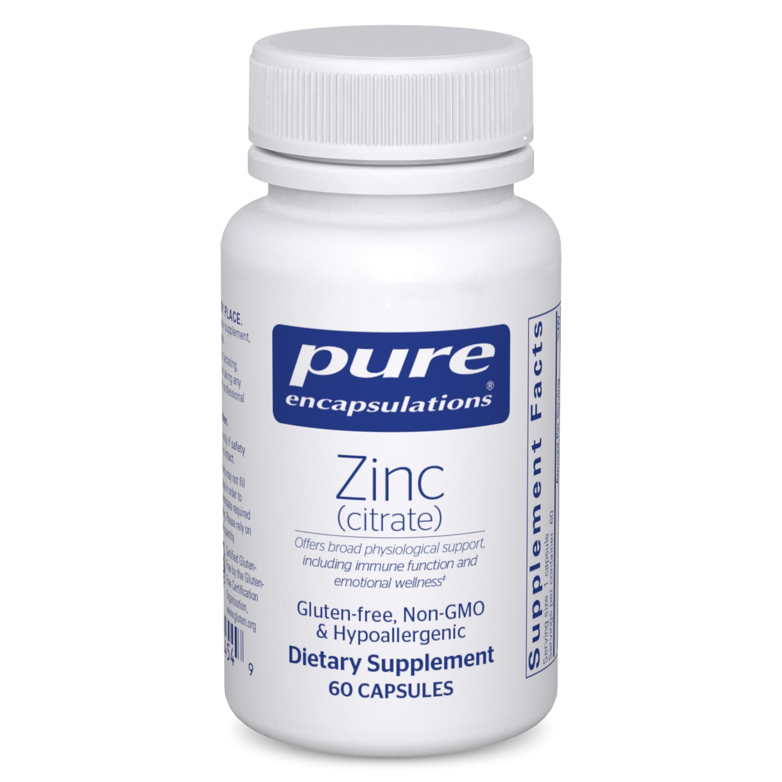 Pure Encapsulations Zinc (Citrate) bottle front view, high-absorption zinc for immune support.