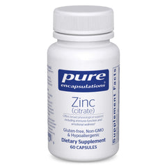 Pure Encapsulations Zinc (Citrate) bottle front view, high-absorption zinc for immune support.