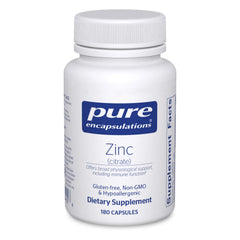 Pure Encapsulations Zinc citrate bottle with 180 vegan capsules for immune support.