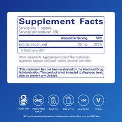 Close-up of zinc citrate capsules showcasing highly absorbable formula.