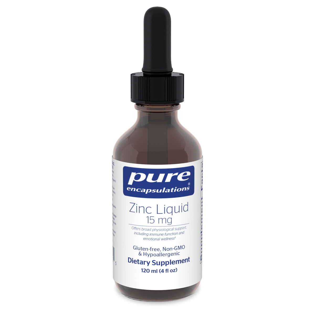 Pure Encapsulations Zinc Liquid bottle highlights hypoallergenic formula for immune support.