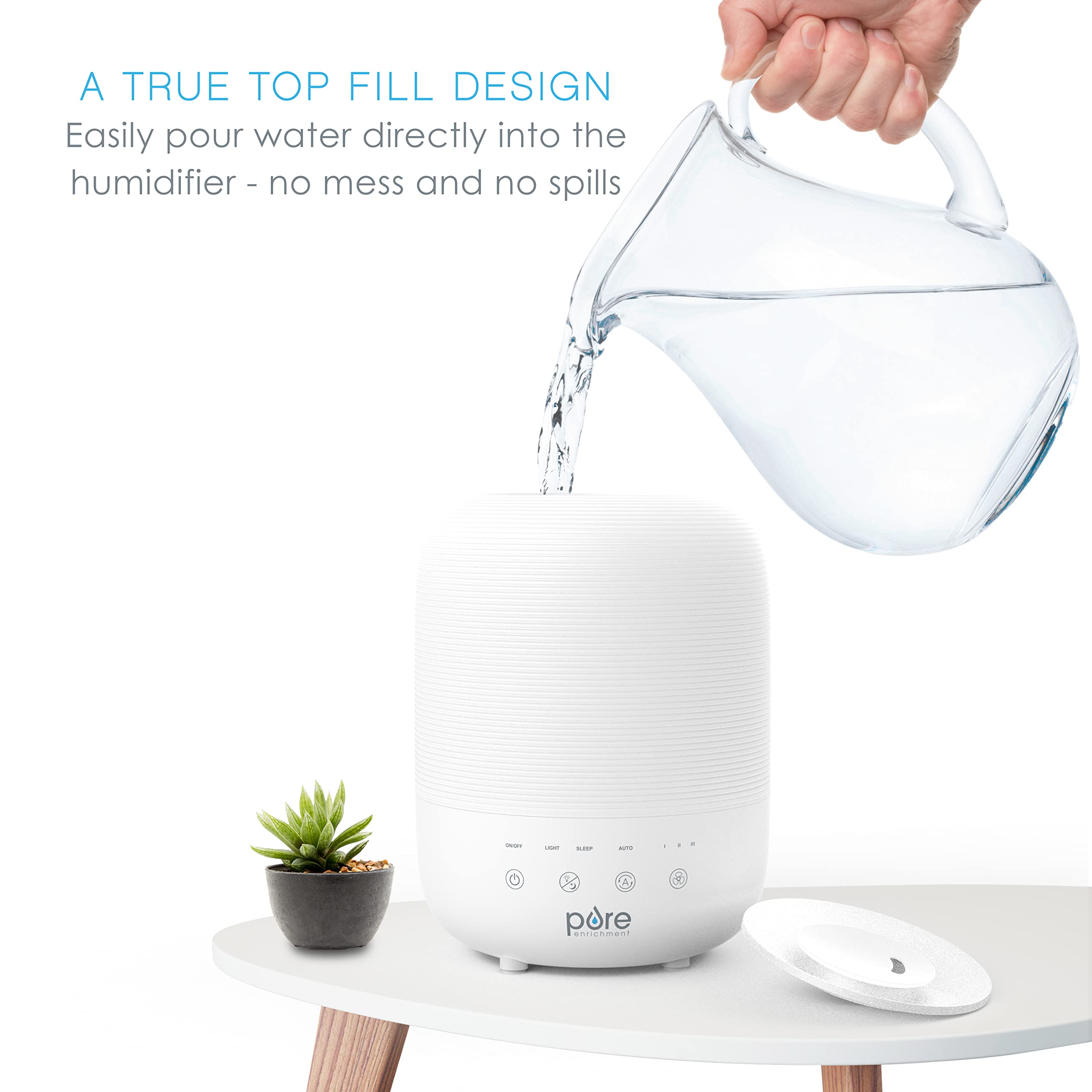 Pure Enrichment HUME Sense 3L tank highlighted for long-lasting moisture in large rooms.