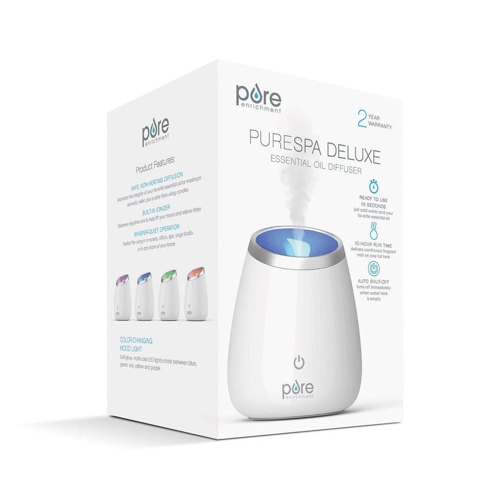 Pure Enrichment PureSpa Deluxe diffuser in use with mist for relaxing rooms up to 250 sq ft.