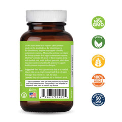 Pure Essence Labs AllerFree bottle label closeup highlighting natural enzymes and herbal blend