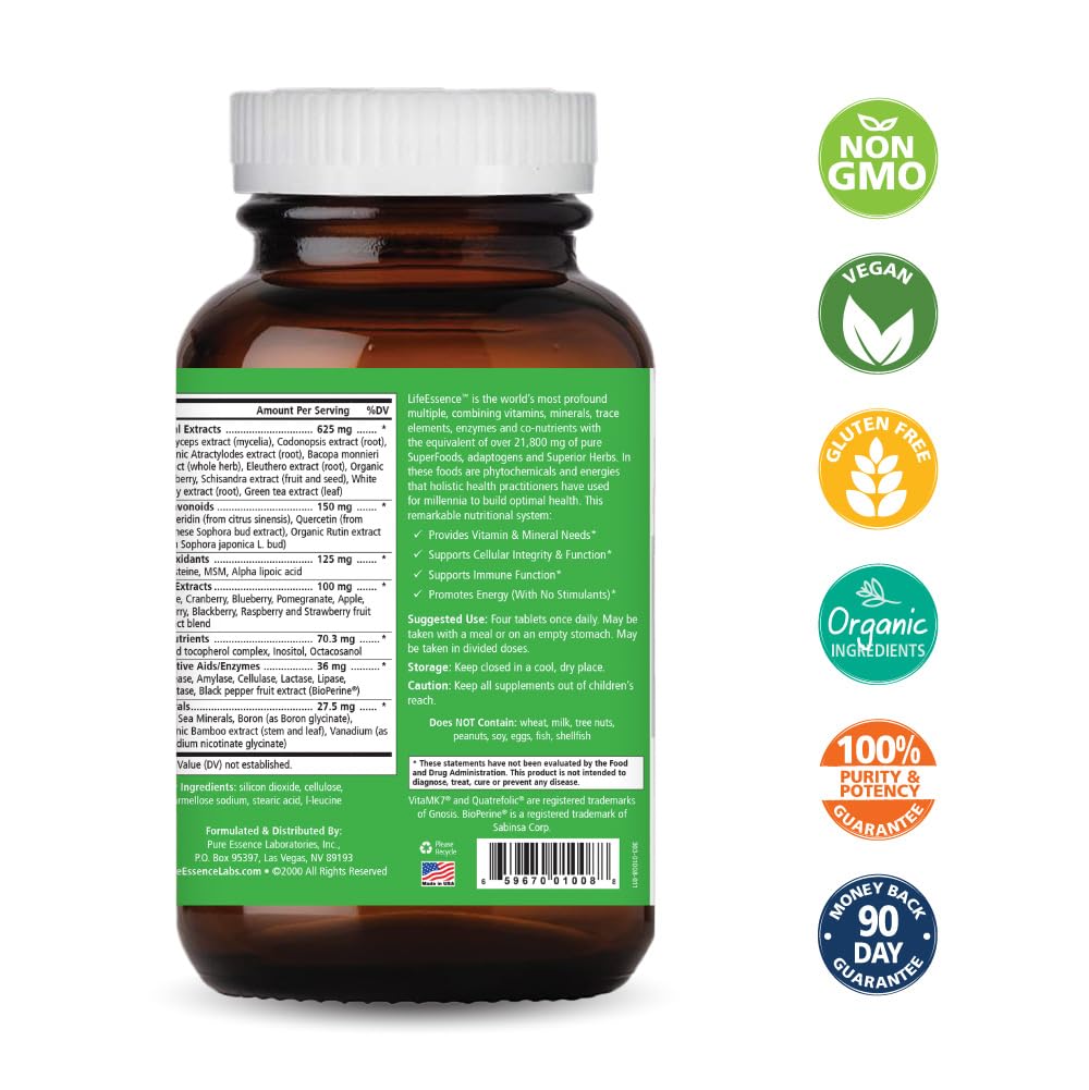 LifeEssence tablets closeup highlighting vegan, allergen-free formulation
