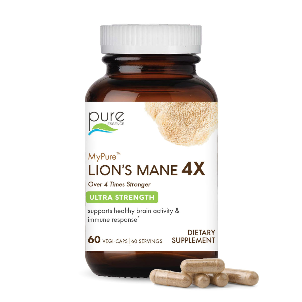 PURE ESSENCE LABS MyPure Lion's Mane bottle label highlights 4X potency for focus.