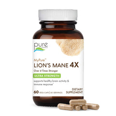 PURE ESSENCE LABS MyPure Lion's Mane bottle label highlights 4X potency for focus.