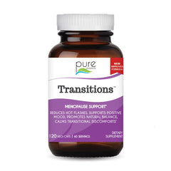 Pure Essence Labs Transitions bottle shows daily hormone support for comfortable living.
