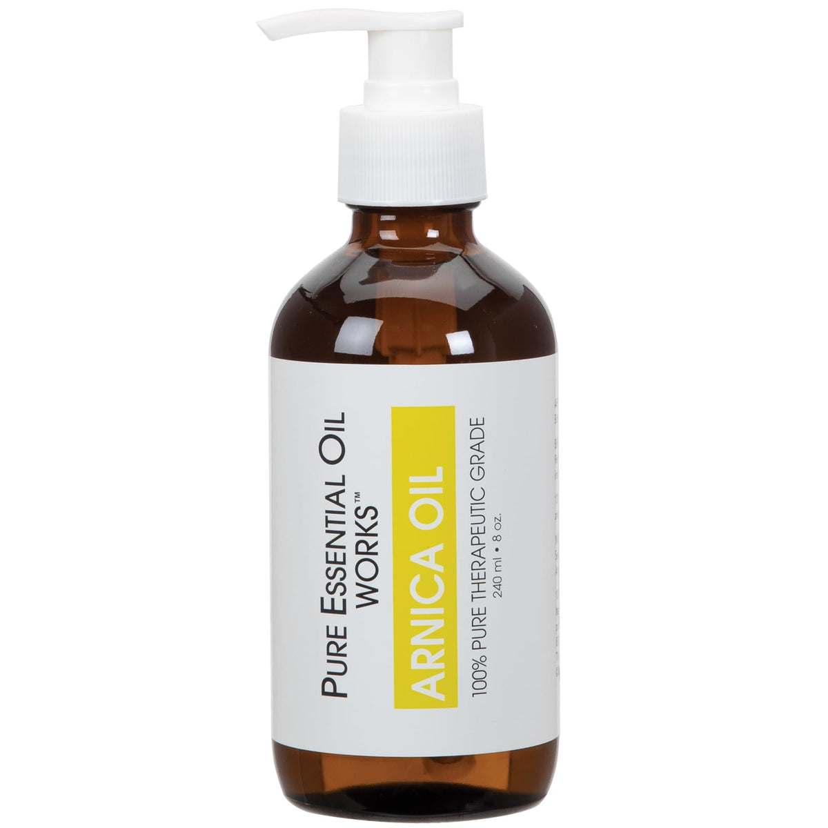 Pure Essential Oil Works Arnica Oil 8 oz bottle closeup for daily skin softening.