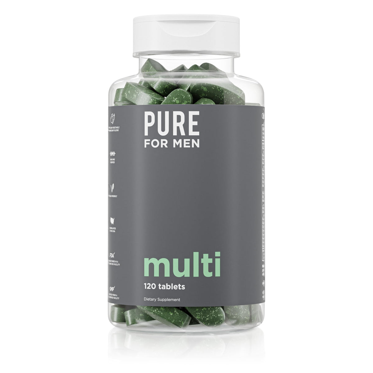 Pure for Men multivitamin bottle front for daily energy support.