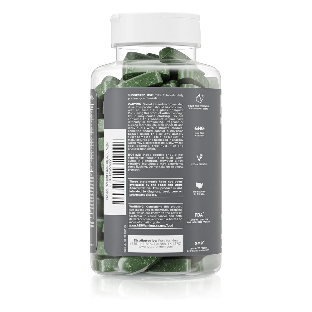 Pure for Men proprietary 42-fruit-vegetable blend label hints at balanced nutrition.