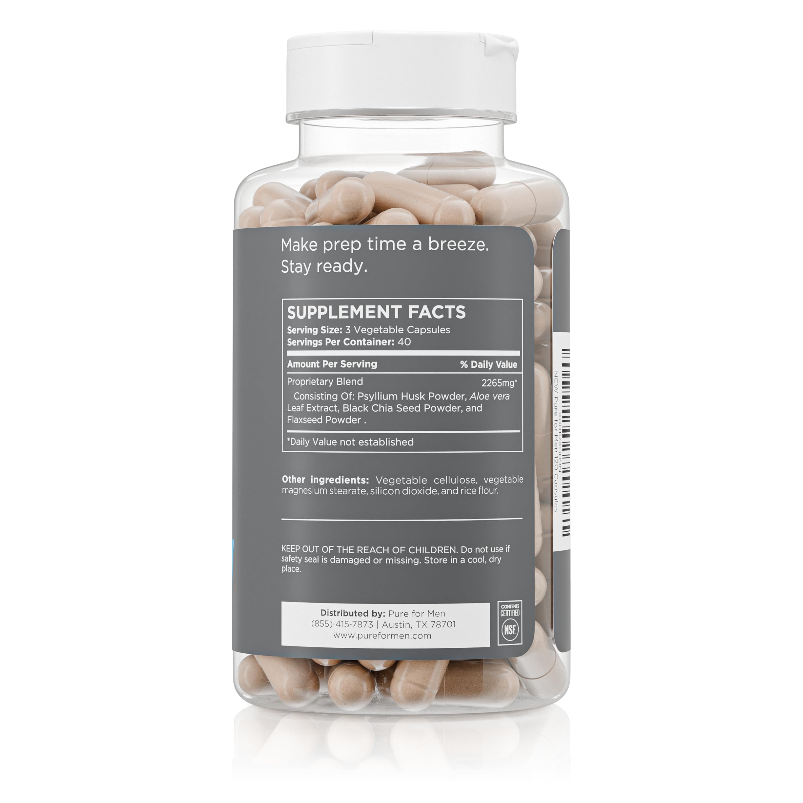 Pure for Men Stay Ready Fiber bottle label highlights plant-based ingredients and vegan formula